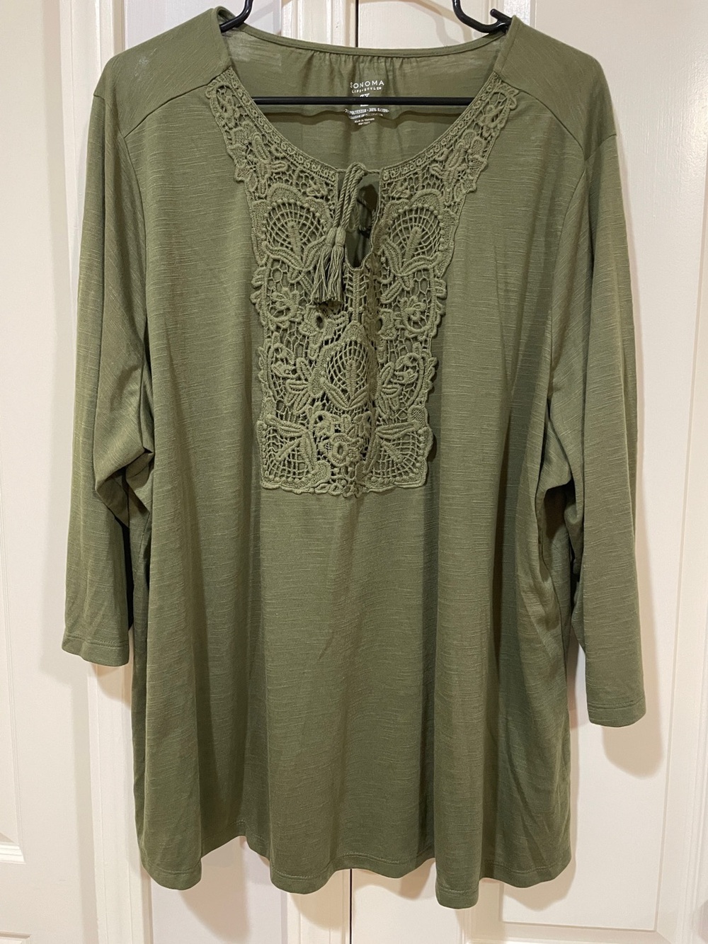 Sonoma Olive Crochet-Paneled Tunic with Tassel Tie